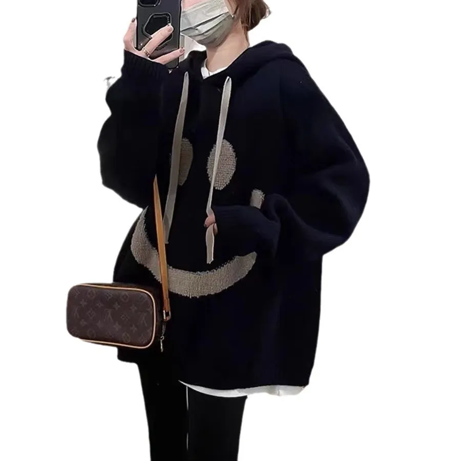 Women Fashion Casual Smile Face Long-Sleeve Loose Knitwear Hoodies - Image 3