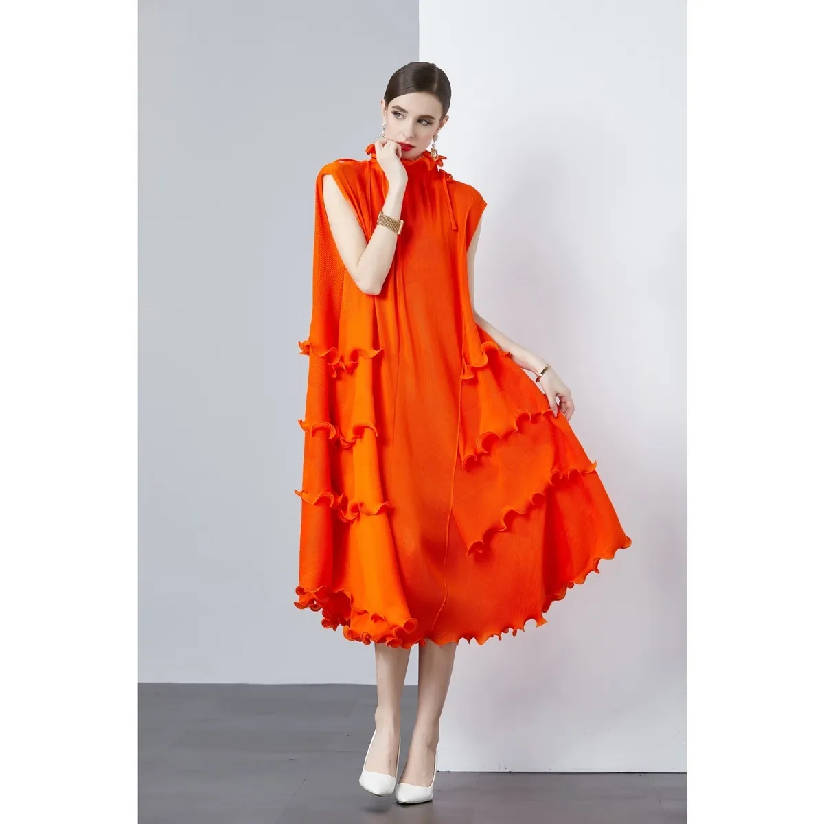 Women Solid Color Pleated Chiffon Dress - Image 3