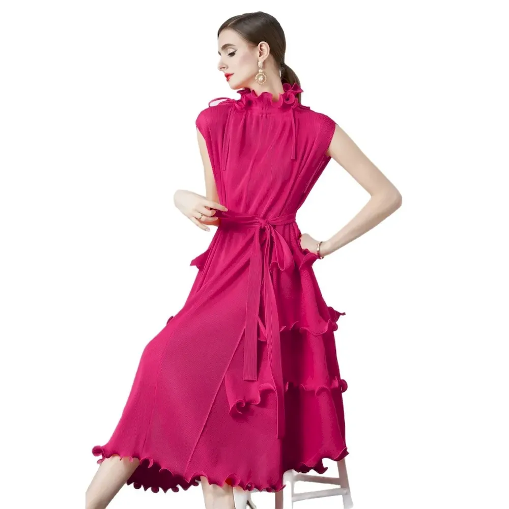 Women Solid Color Pleated Chiffon Dress - Image 5
