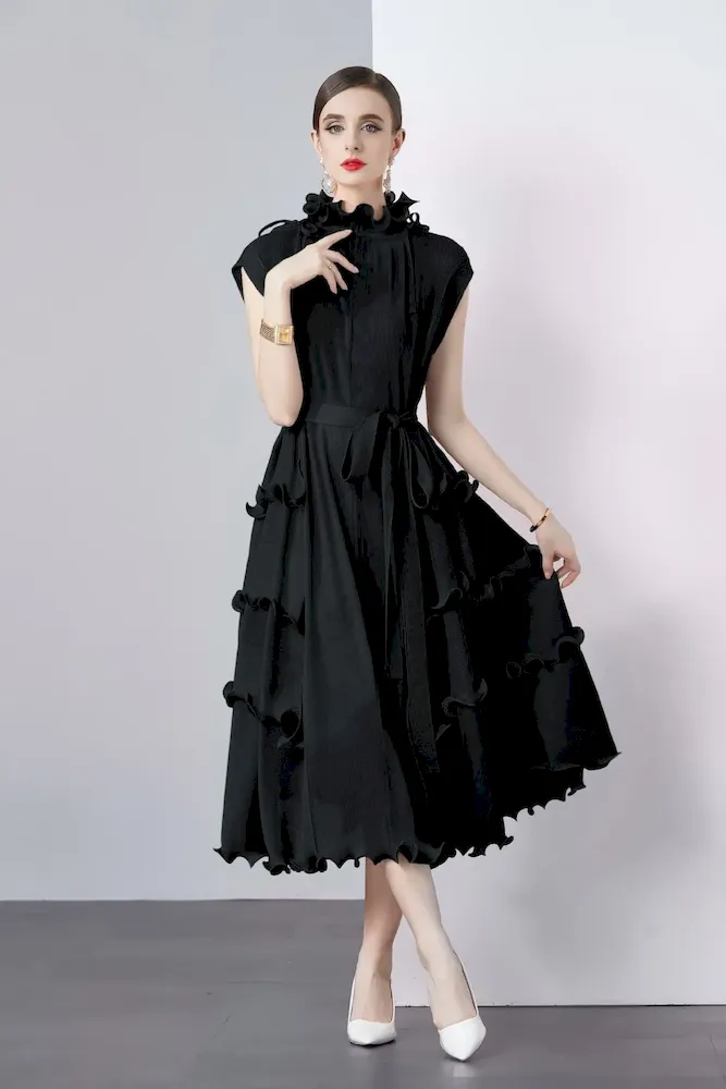 Women Solid Color Pleated Chiffon Dress - Image 6