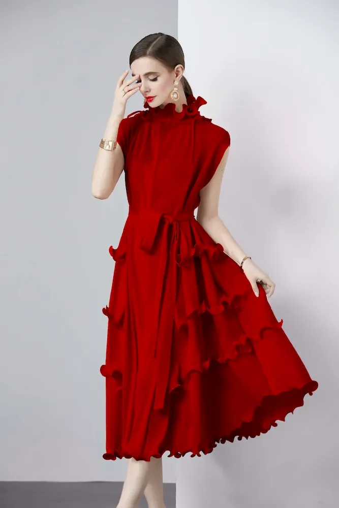 Women Solid Color Pleated Chiffon Dress - Image 7
