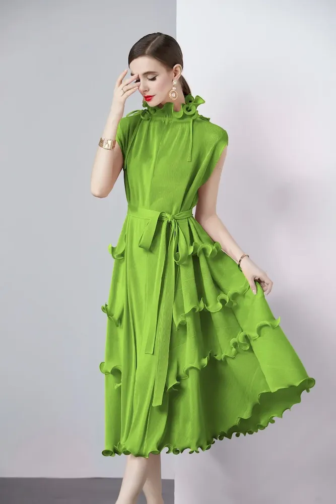 Women Solid Color Pleated Chiffon Dress - Image 8