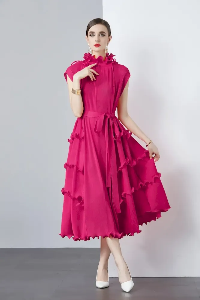 Women Solid Color Pleated Chiffon Dress - Image 9