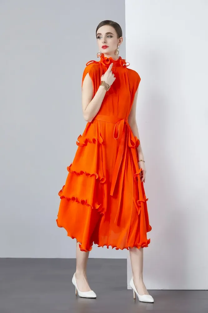 Women Solid Color Pleated Chiffon Dress - Image 10