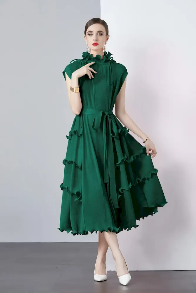 Women Solid Color Pleated Chiffon Dress - Image 11