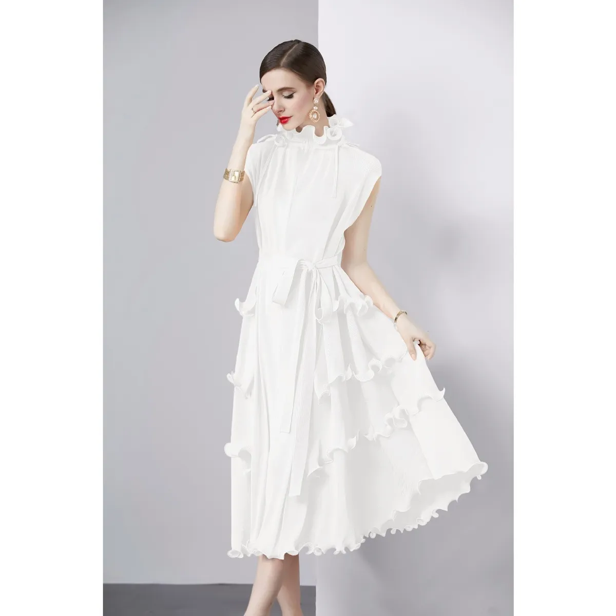 Women Solid Color Pleated Chiffon Dress - Image 13
