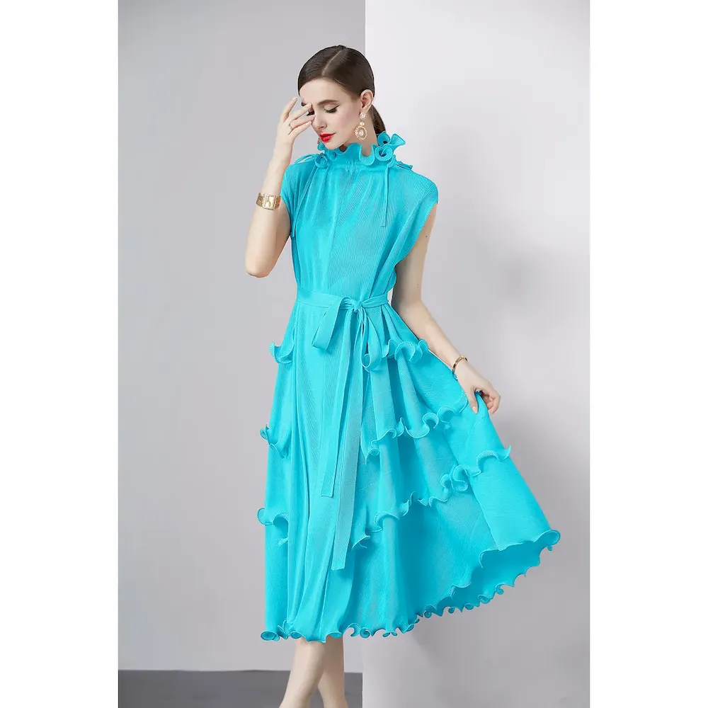 Women Solid Color Pleated Chiffon Dress - Image 14