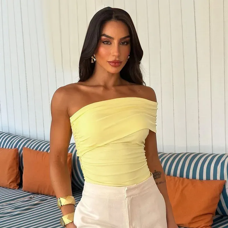 Women Fashion Sexy Irregular Solid Color Slant Shoulder Slim-Fit Tank Top