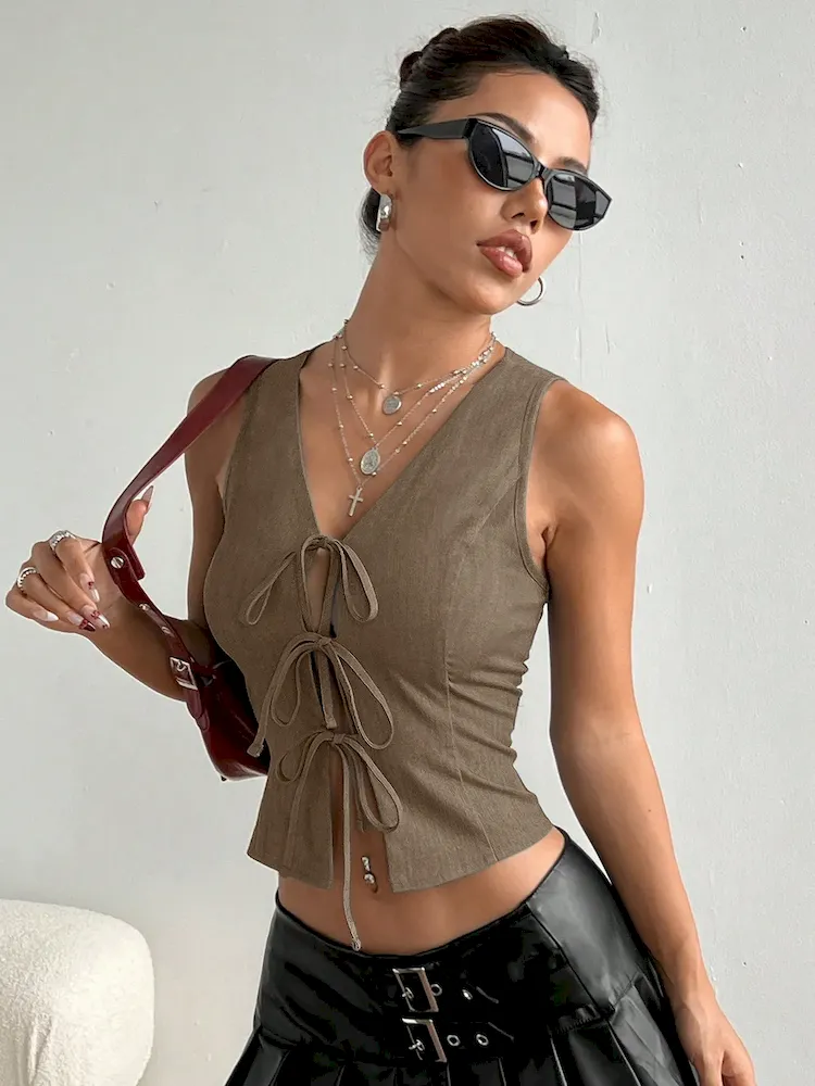 Women Fashion Solid Color Lace-Up Slim-Fit Tank Top - Image 8