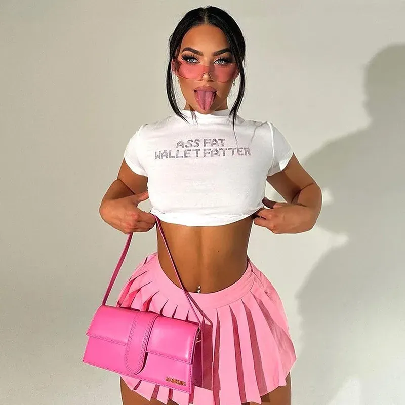 Sexy Women Short-Sleeved Letter Rhinestone Crop T-Shirt