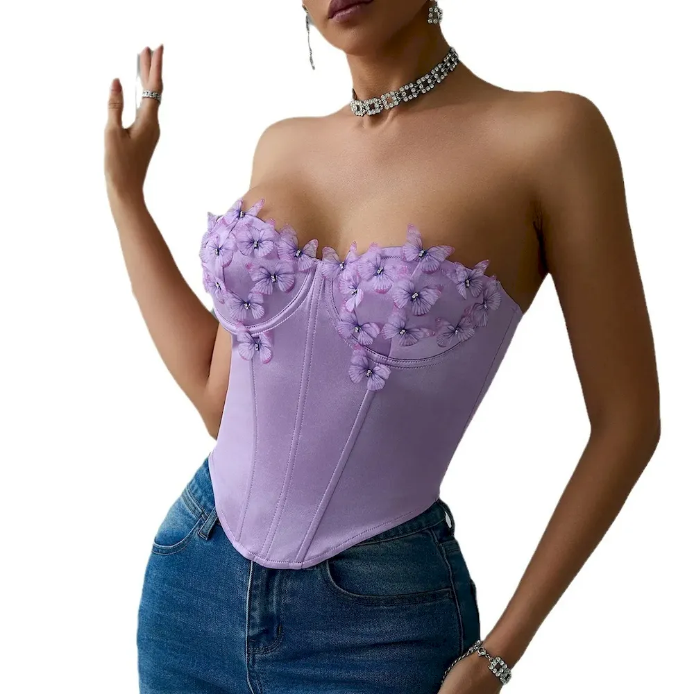 Women Satin Butterfly Strapless Diamond Steel Ring Fishbone Top Corset - Image 5
