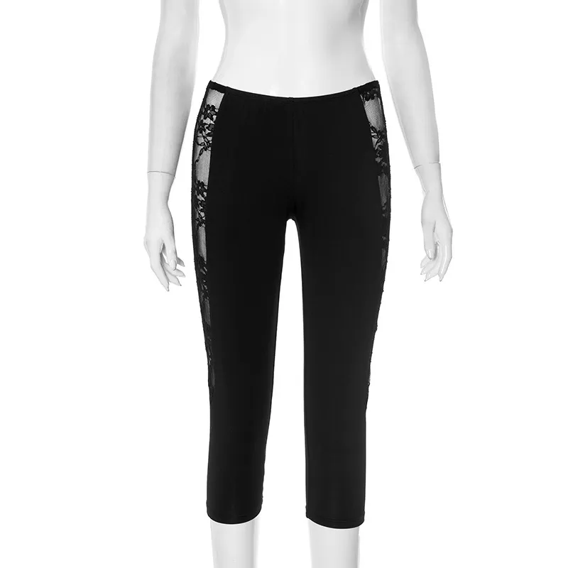 Women Summer Low Waist Mesh Lace See-Through Solid Color Cropped Casual Pants - Image 6