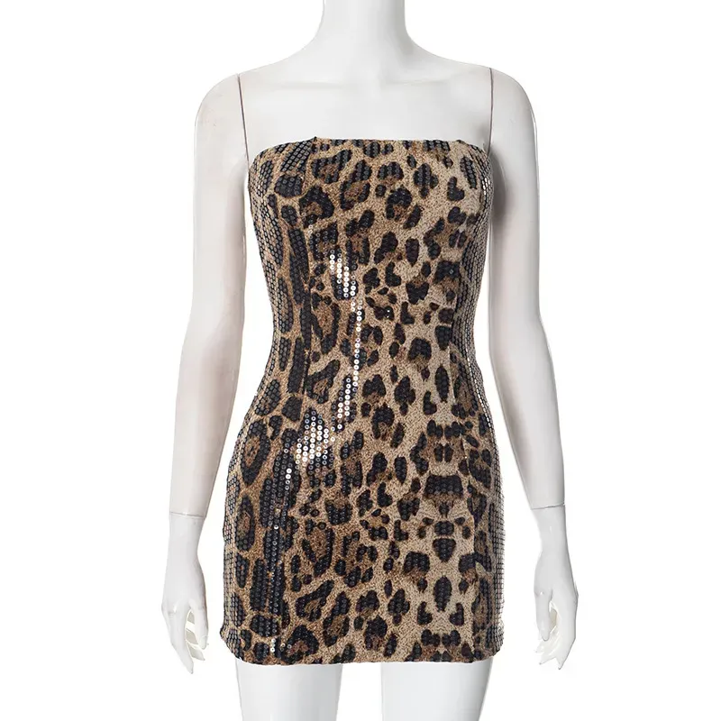 Women Nightclub Sexy Leopard Sequins Strapless Bodycon Dresses - Image 6