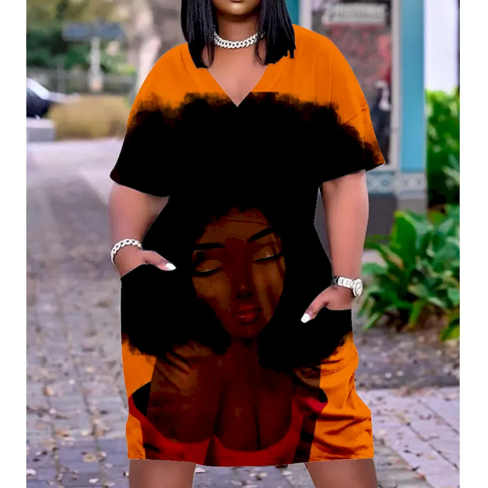 Women Fashion Casual Plus Size Printed V-Neck Short-Sleeve Loose Dress - Image 4