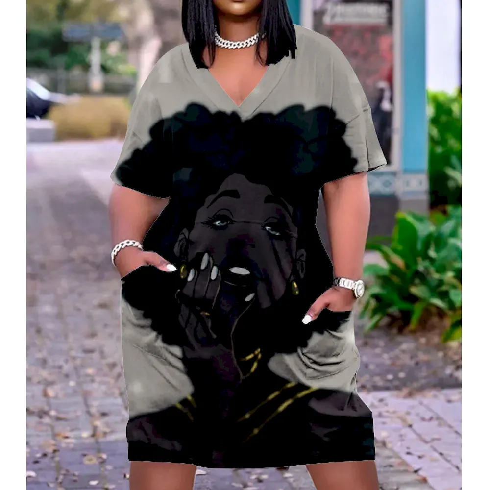 Women Fashion Casual Plus Size Printed V-Neck Short-Sleeve Loose Dress - Image 8