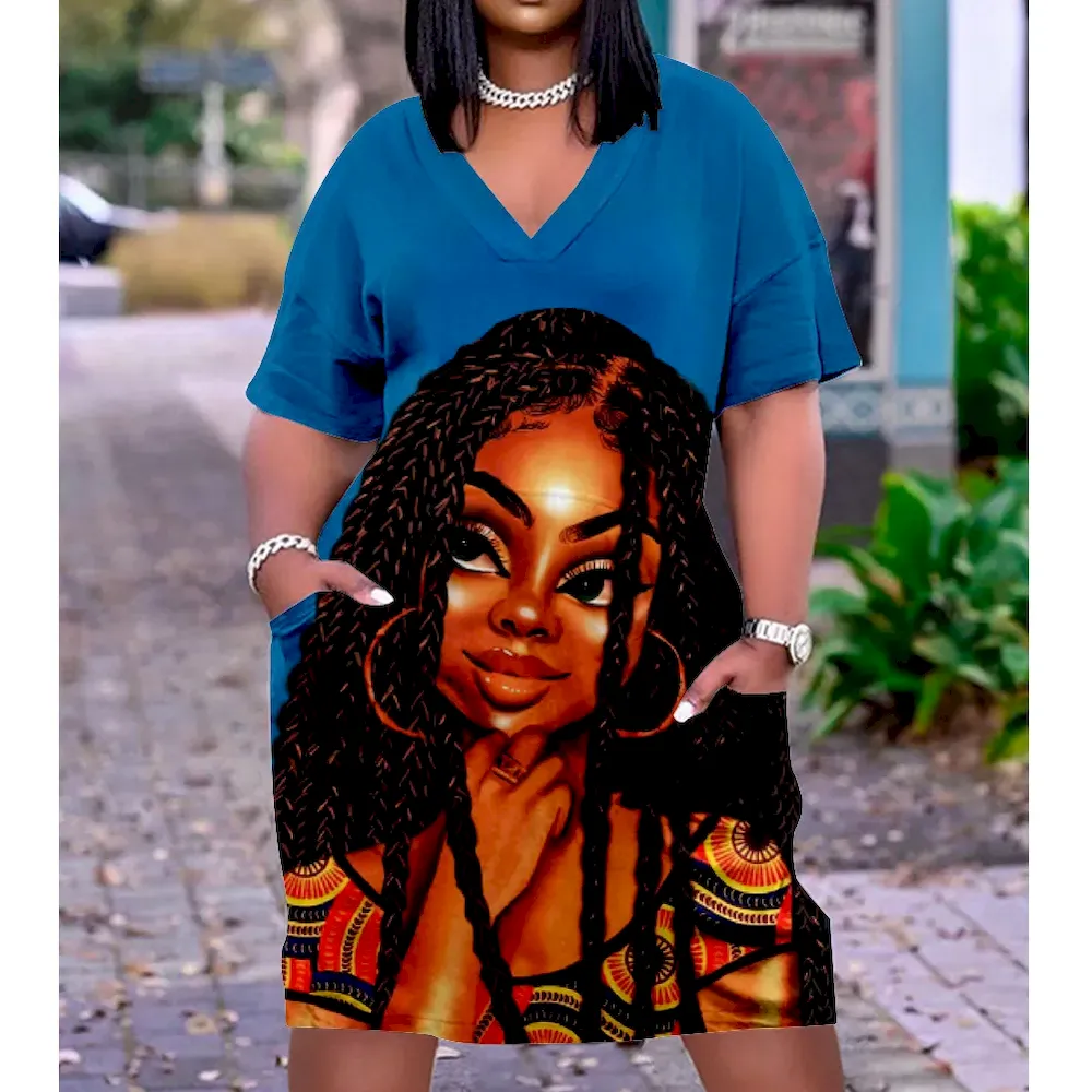 Women Fashion Casual Plus Size Printed V-Neck Short-Sleeve Loose Dress - Image 9