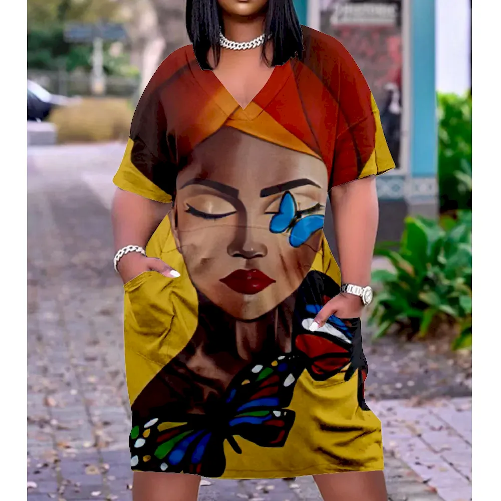 Women Fashion Casual Plus Size Printed V-Neck Short-Sleeve Loose Dress - Image 10