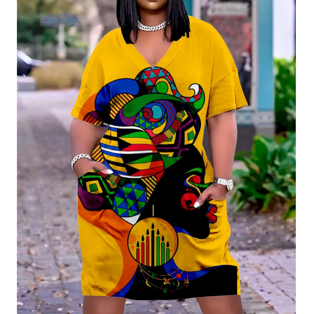 Women Fashion Casual Plus Size Printed V-Neck Short-Sleeve Loose Dress - Image 12