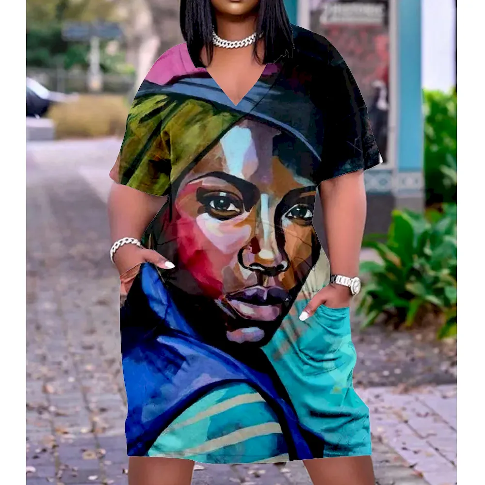 Women Fashion Casual Plus Size Printed V-Neck Short-Sleeve Loose Dress - Image 17