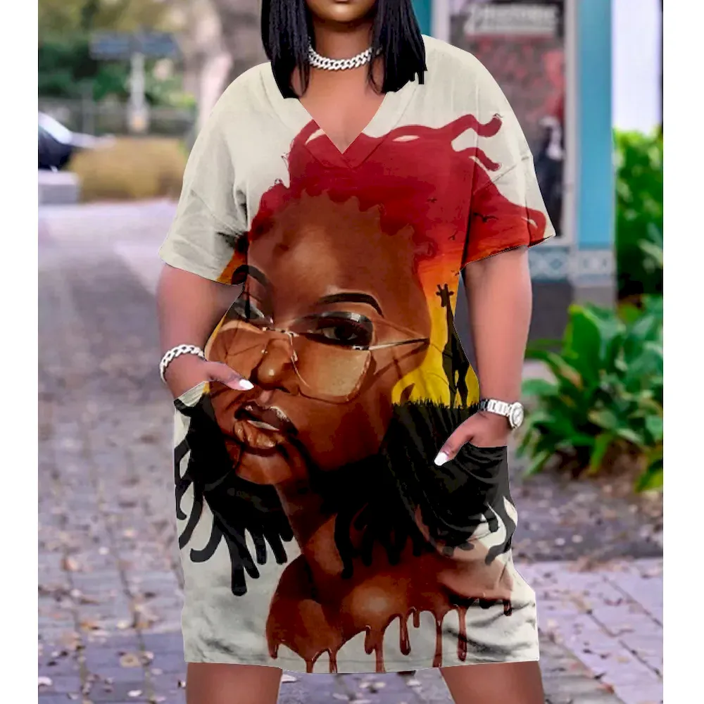 Women Fashion Casual Plus Size Printed V-Neck Short-Sleeve Loose Dress - Image 18