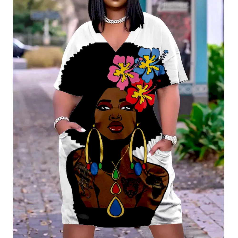 Women Fashion Casual Plus Size Printed V-Neck Short-Sleeve Loose Dress - Image 20