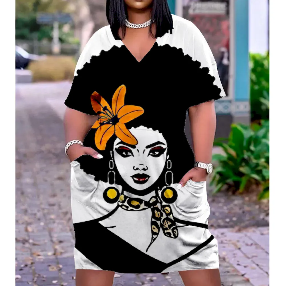 Women Fashion Casual Plus Size Printed V-Neck Short-Sleeve Loose Dress - Image 21