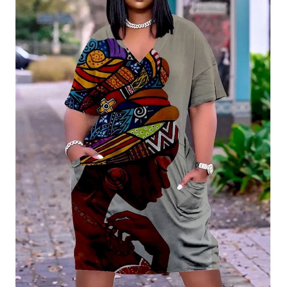 Women Fashion Casual Plus Size Printed V-Neck Short-Sleeve Loose Dress - Image 22