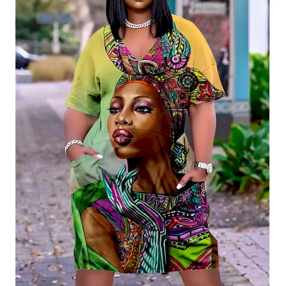 Women Fashion Casual Plus Size Printed V-Neck Short-Sleeve Loose Dress - Image 24