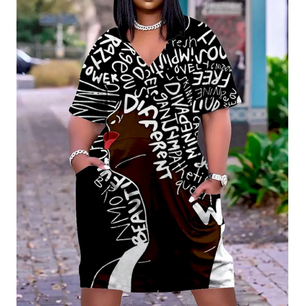 Women Fashion Casual Plus Size Printed V-Neck Short-Sleeve Loose Dress - Image 25