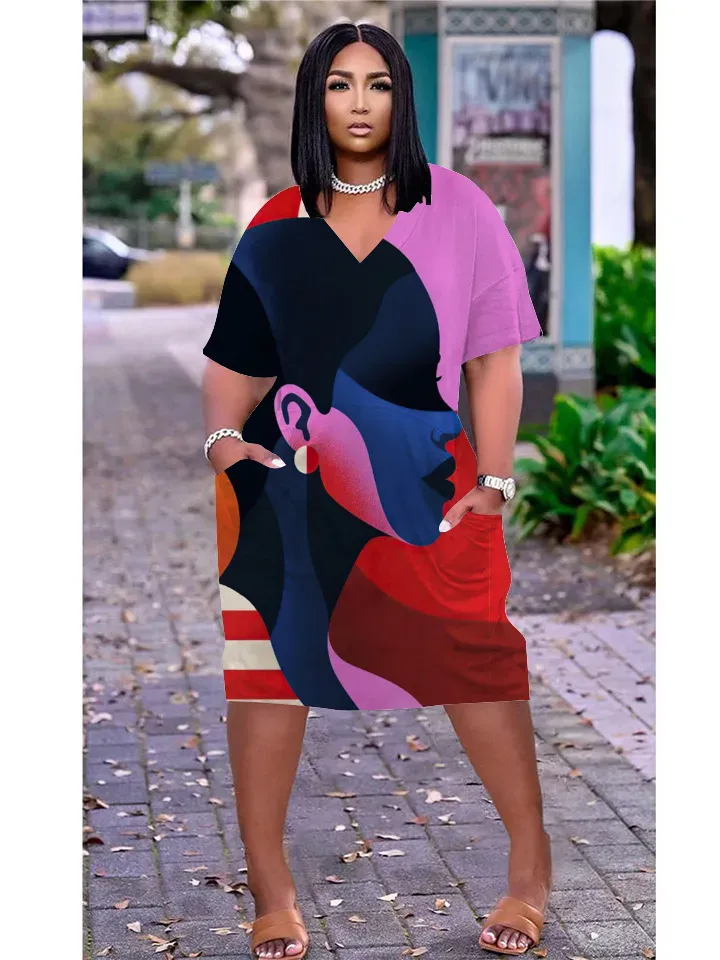 Women Fashion Casual Plus Size Printed V-Neck Short-Sleeve Loose Dress - Image 32