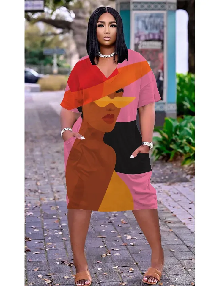Women Fashion Casual Plus Size Printed V-Neck Short-Sleeve Loose Dress - Image 33