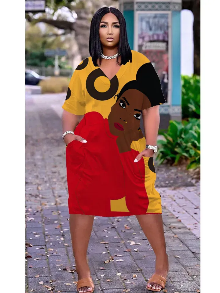 Women Fashion Casual Plus Size Printed V-Neck Short-Sleeve Loose Dress - Image 35