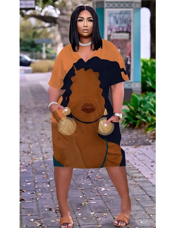 Women Fashion Casual Plus Size Printed V-Neck Short-Sleeve Loose Dress - Image 36