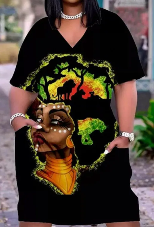 Women Fashion Casual Plus Size Printed V-Neck Short-Sleeve Loose Dress - Image 37