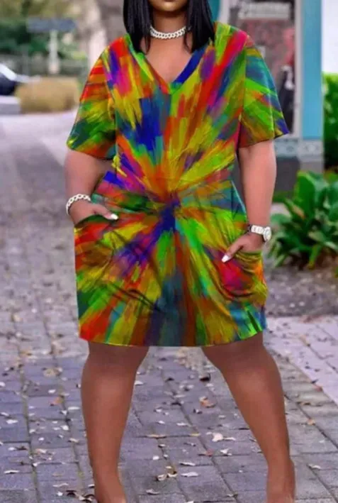 Women Fashion Casual Plus Size Printed V-Neck Short-Sleeve Loose Dress - Image 38