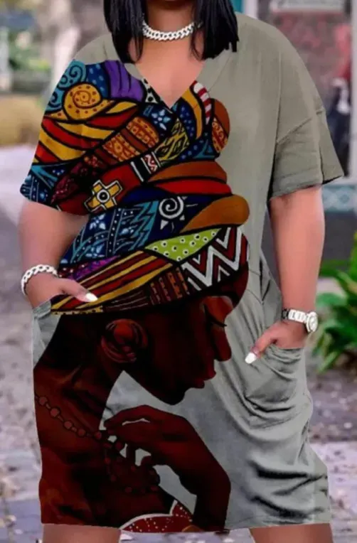 Women Fashion Casual Plus Size Printed V-Neck Short-Sleeve Loose Dress - Image 39