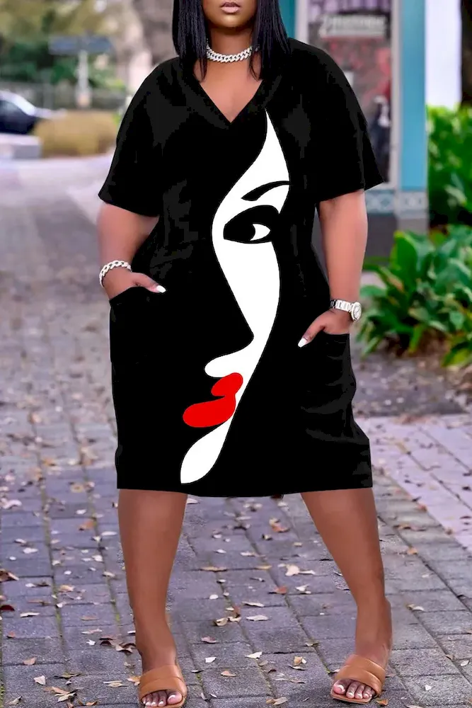 Women Fashion Casual Plus Size Printed V-Neck Short-Sleeve Loose Dress - Image 46