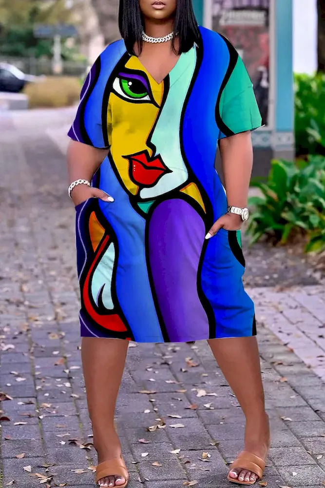 Women Fashion Casual Plus Size Printed V-Neck Short-Sleeve Loose Dress - Image 50