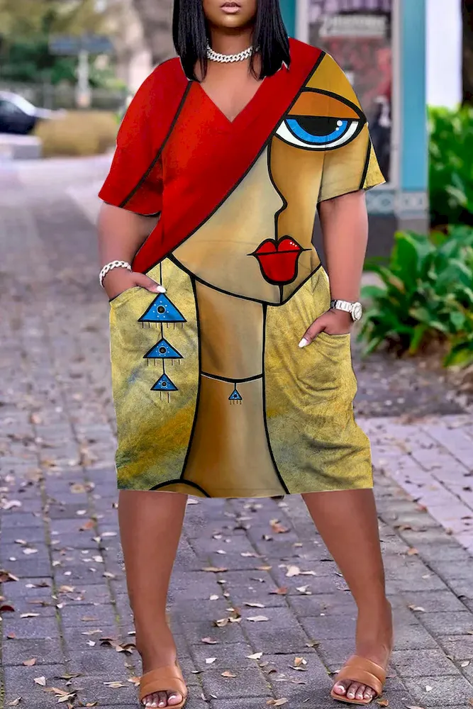 Women Fashion Casual Plus Size Printed V-Neck Short-Sleeve Loose Dress - Image 51