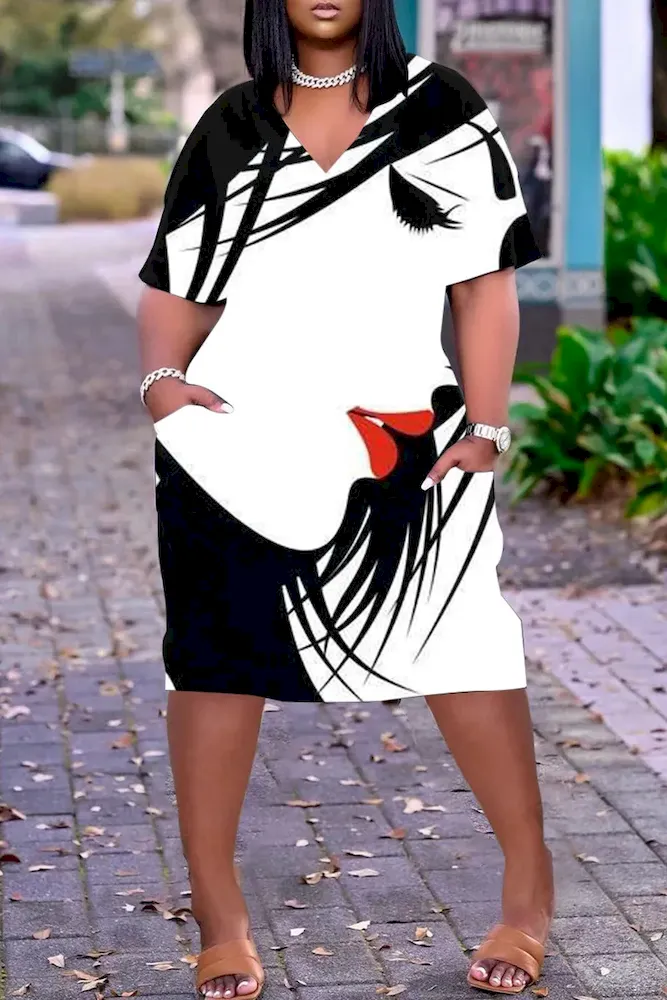 Women Fashion Casual Plus Size Printed V-Neck Short-Sleeve Loose Dress - Image 52