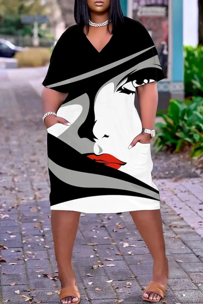 Women Fashion Casual Plus Size Printed V-Neck Short-Sleeve Loose Dress - Image 53