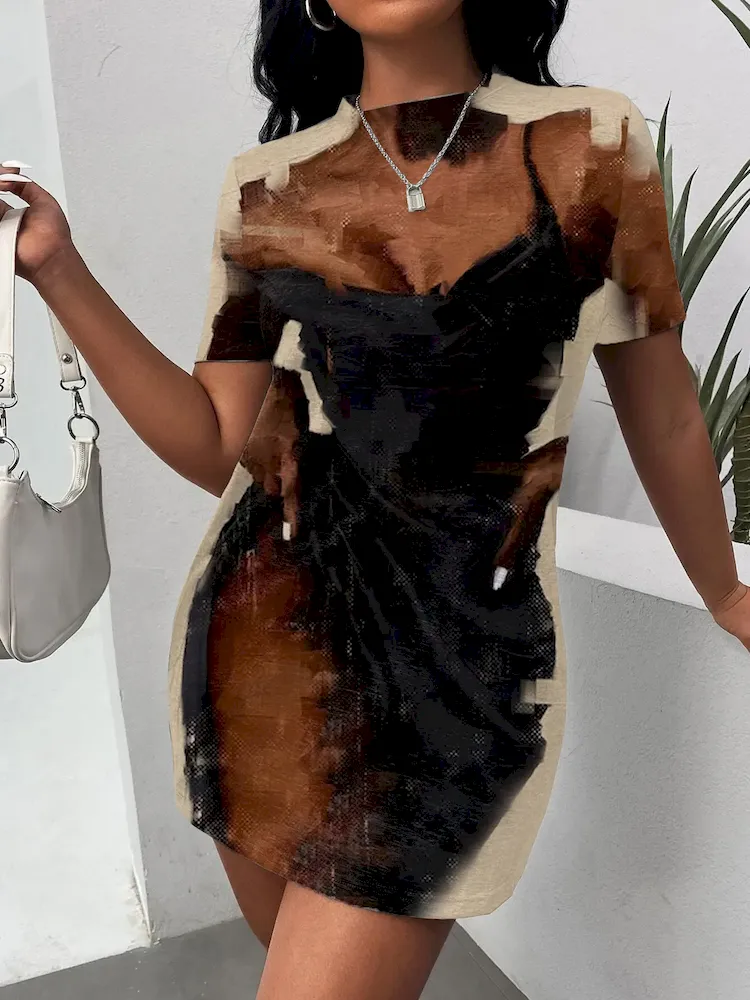 Women Fashion Casual Plus Size Printed V-Neck Short-Sleeve Loose Dress - Image 55