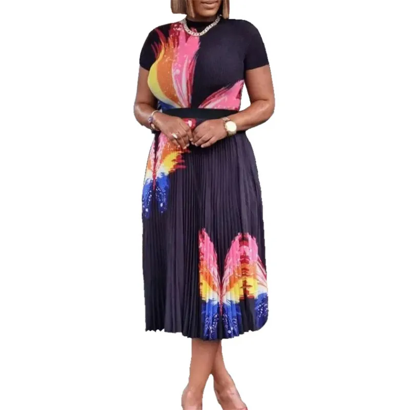 Women Fashion Plus Size Multicolor Butterfly Printed Short-Sleeved Top Pleated Skirt Two-Piece Set - Image 3