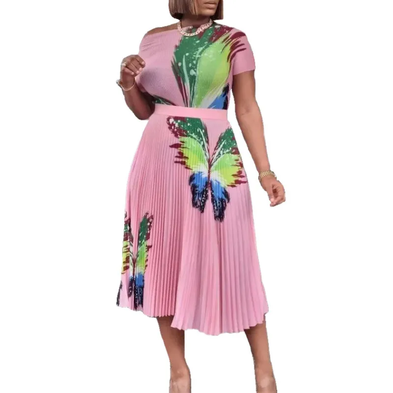 Women Fashion Plus Size Multicolor Butterfly Printed Short-Sleeved Top Pleated Skirt Two-Piece Set - Image 4