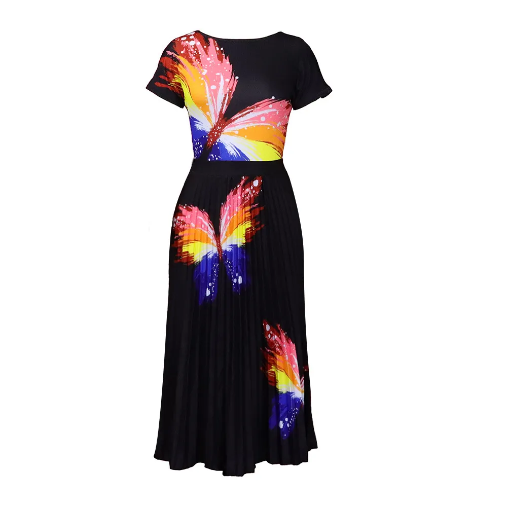 Women Fashion Plus Size Multicolor Butterfly Printed Short-Sleeved Top Pleated Skirt Two-Piece Set - Image 5