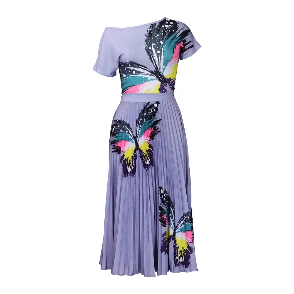 Women Fashion Plus Size Multicolor Butterfly Printed Short-Sleeved Top Pleated Skirt Two-Piece Set - Image 7