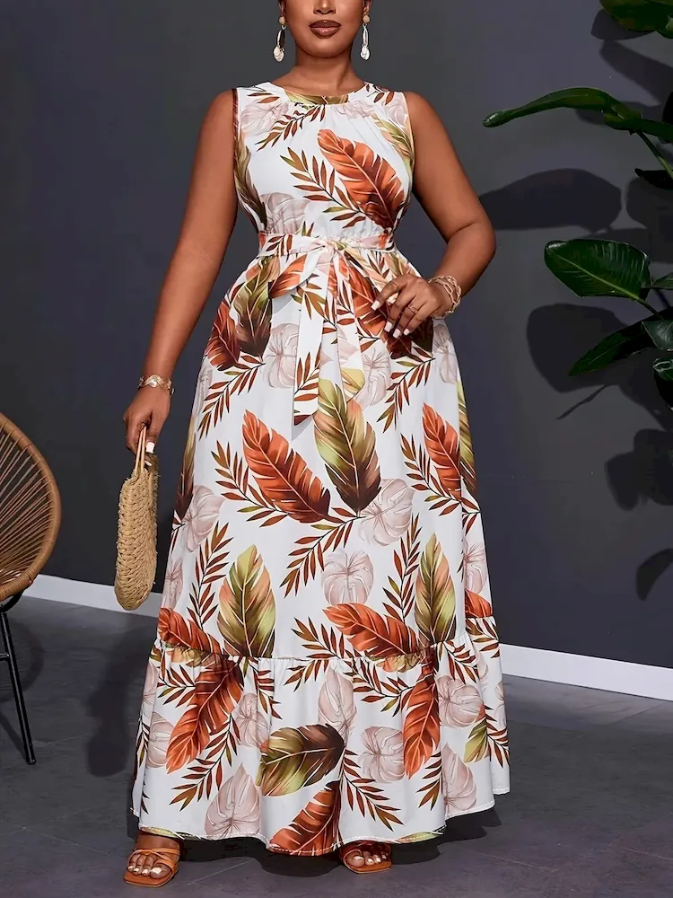 Women Fashion Casual Plus Size Floral Printed Sleeveless Lace-Up Loose Dress - Image 4