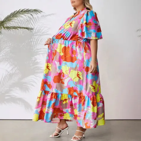 Women Fashion Casual Plus Size Printed V-Neck Short Sleeve Loose Dress - Image 3