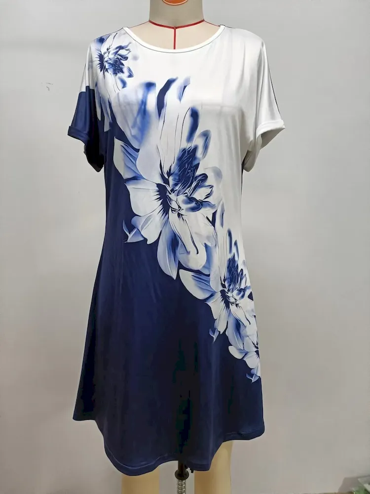 Women Fashion Casual Floral Printed Round Neck Short-Sleeve Dress - Image 6