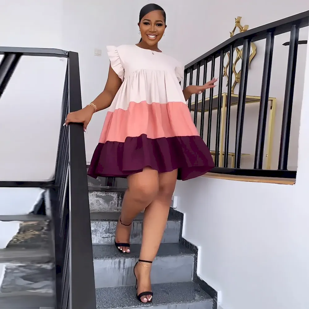 Women Fashion Elegant Contrast Color Stitching Round Neck Ruffled Sleeve Loose Dress